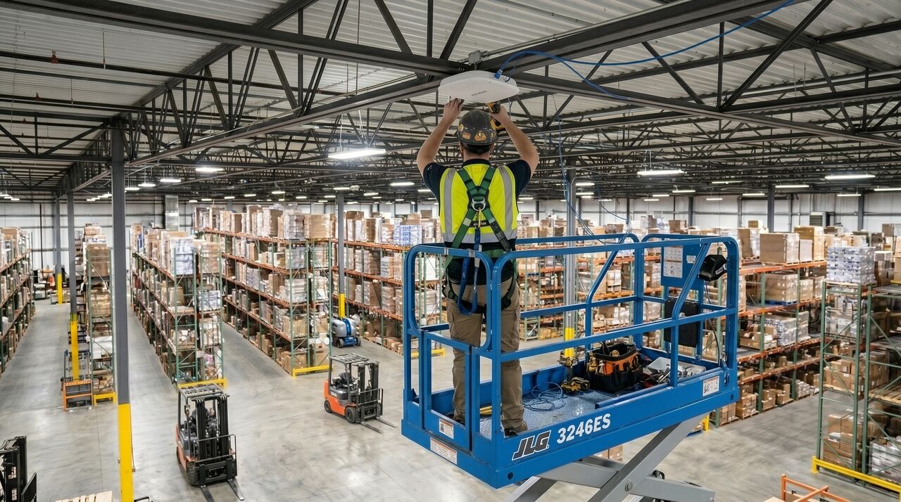 Technician on a lift installing a wireless access point in a warehouse, with pallet racking and forklifts below